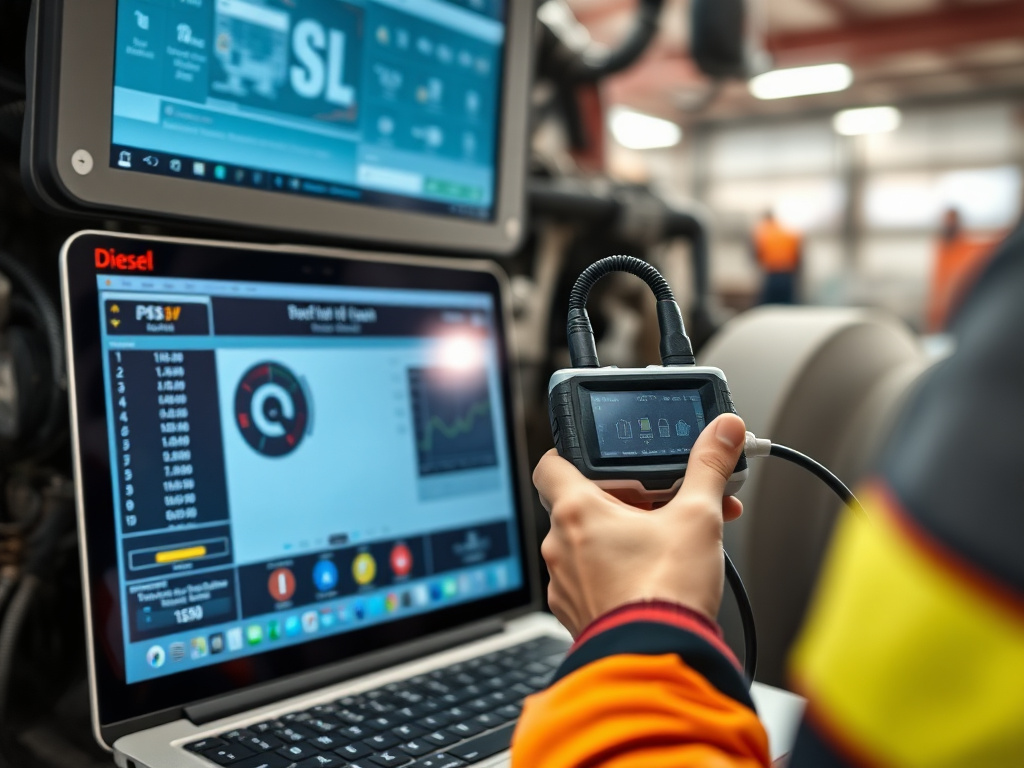 Diesel diagnostic scan tool connected to a heavy-duty truck engine