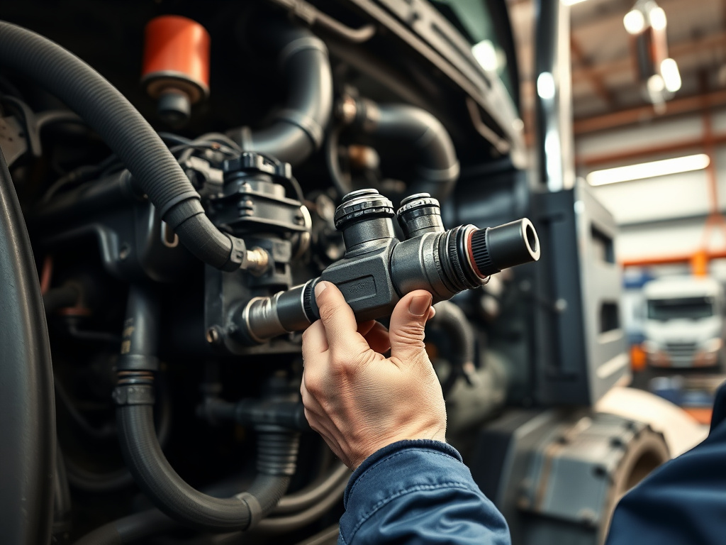 Mechanic performing diesel engine repair on a heavy-duty truck engine bay