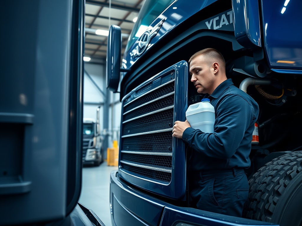 Technician performing routine preventive maintenance service on a diesel truck