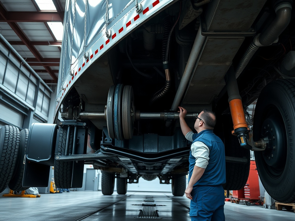 Technician inspecting the brakes and suspension of a heavy-duty trailer