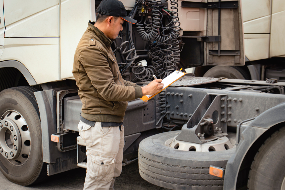 Truck,Driver,Holding,Clipboard,Inspecting,Safety,Checklist,Program,Before,Driving